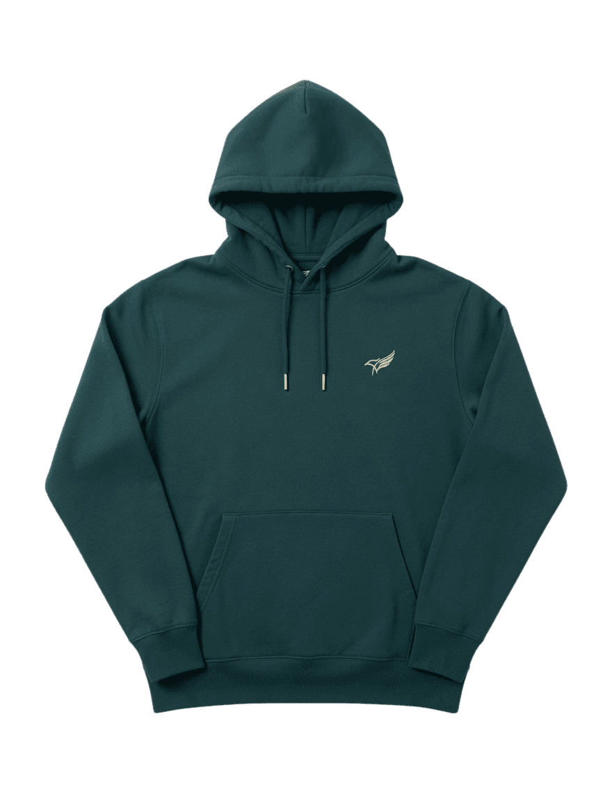 The first-run Nation Rises hoodie — deep green with an embroidered gold crest